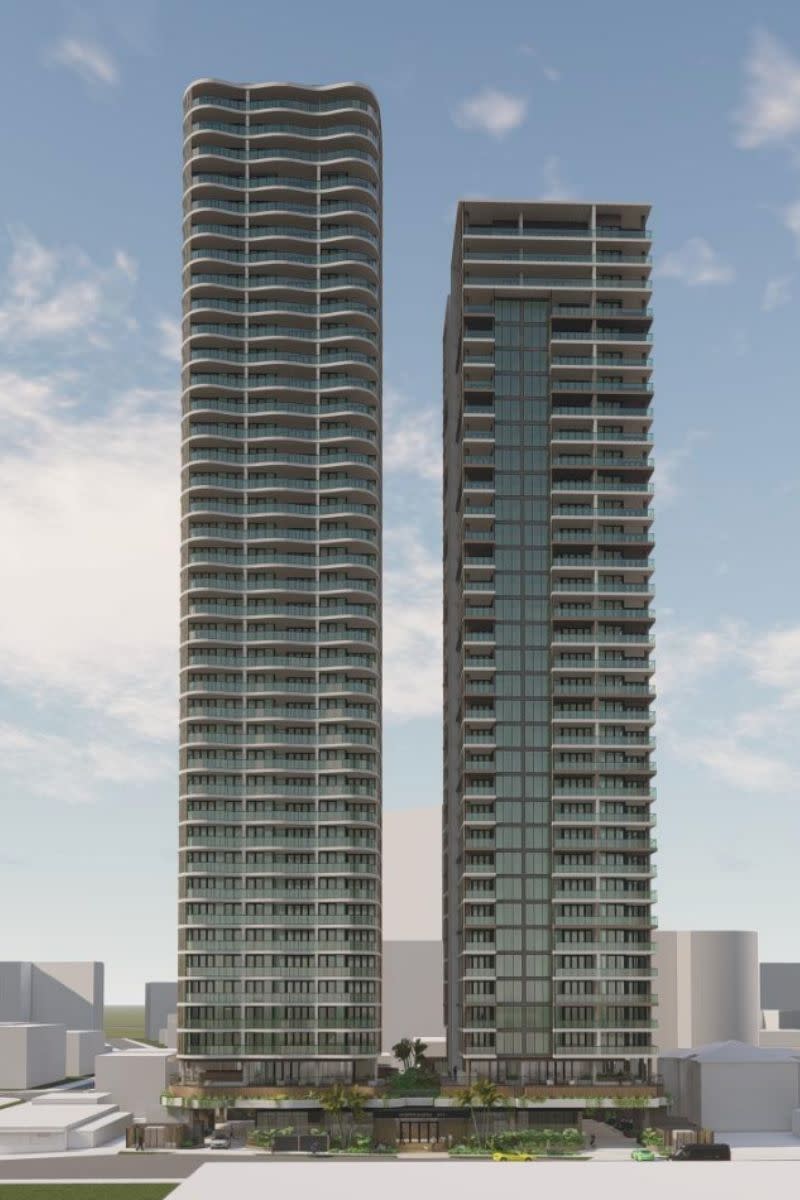 Render of the dual tower development approved for Armrick Avenue, Broadbeach.