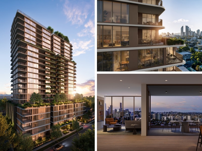 three images of a residential tower with 22 levels, the view and inside one of the high end apartments. 