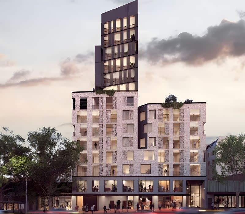 The precinct’s tallest building, part of the approved mixed-use development delivering 204 apartments across the consolidated Wollongong site.