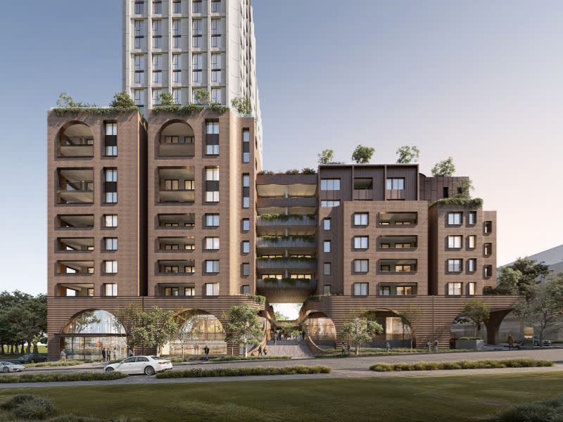 DKO has designed a brick podium with arched facade inspired by the heritage-listed 19th century St Jaochim’s Church and 1930s Lidcombe Hotel.