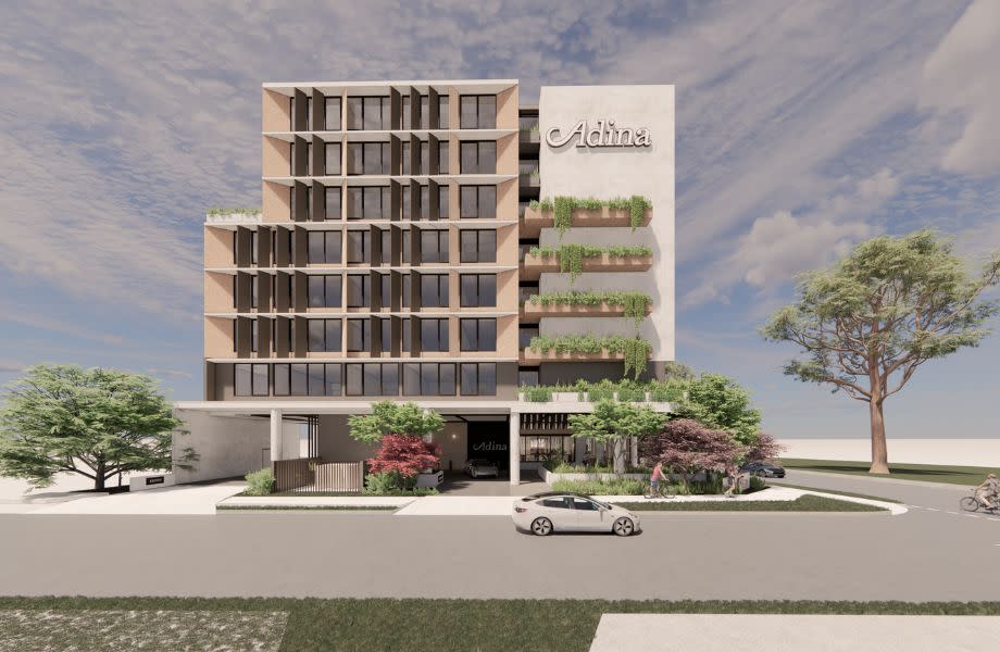 A render of the outside of the planned Adina hotel in Brisbane.