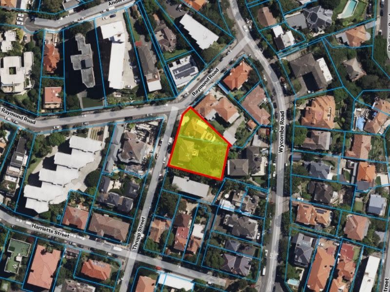 The assembled Neutral Bay site, shaded, sits within the low and midrise housing area around the suburb’s local centre.