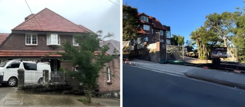 Two views of the Neutral Bay site with 6 Raymond Road, right, and teh empty block at 25 Thrupp Street, left.