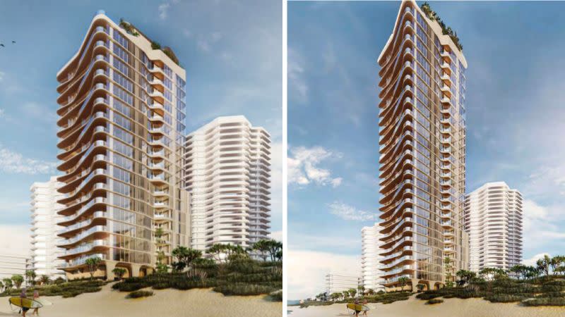 Renders of the approved 20-storey Ovation tower design (left) and the revised 32-storey proposal.