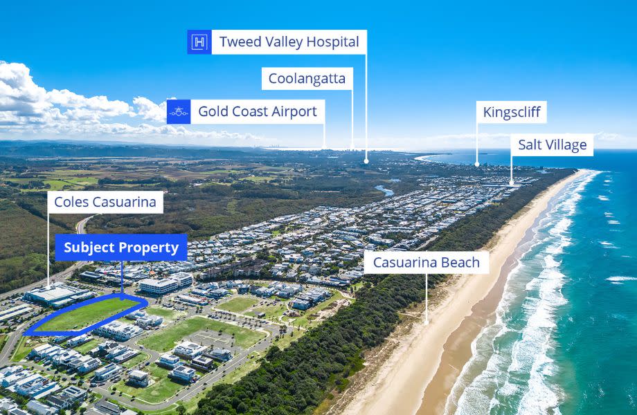 Another aerial of the property at Grand Parade, Casuarina, on the Tweed Coast.