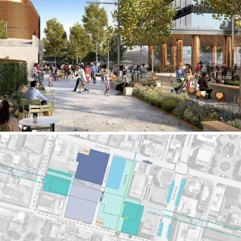 Parramatta metro station will have a ground floor public area and be surrounded by towers.