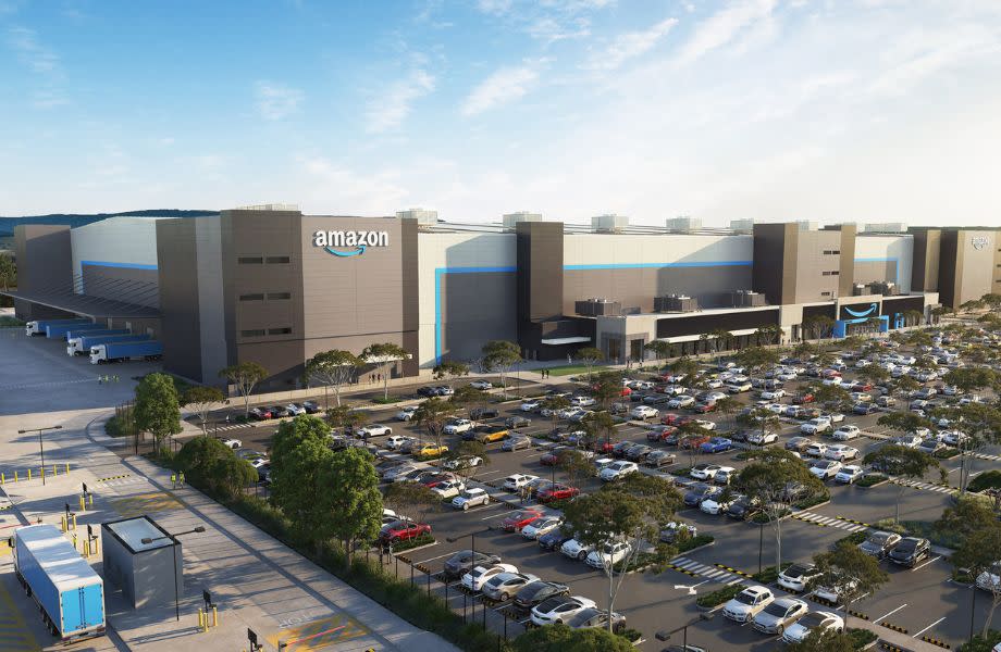 render of the Biggest Warehouse in Australia to be built in north Melbourne. The Amazon Australia warehouse has four levels and the company logo on one side.