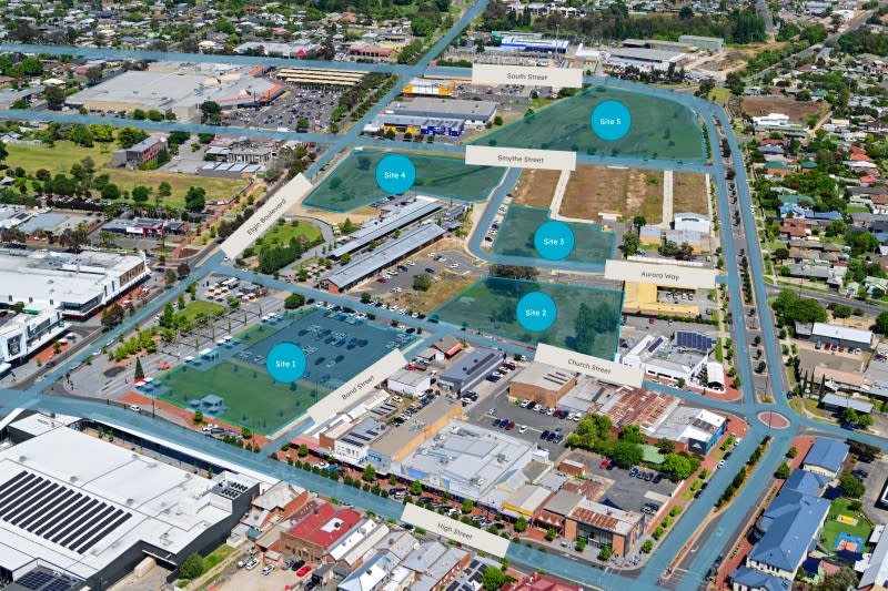 The five sites that Development Victoria has opened up in the Expressions of Interest process for the next phase of Wodonga's Junction Place project.