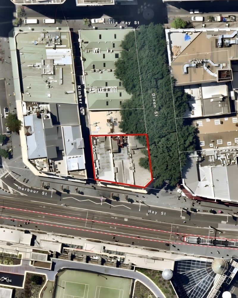 An aerial view showing the 451sq m site at 96-100 Hay Street (outlined), beside the Dixon Street gates in Haymarket.