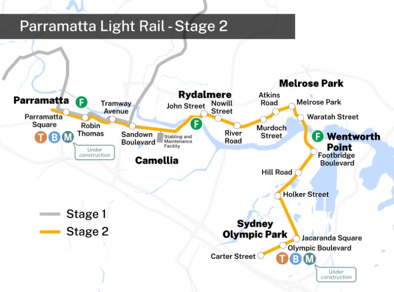 A map of the second stage of the Parramatta Light Rail project in NSW.
