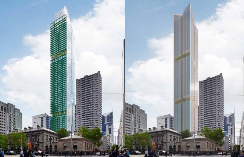 A comparison of the two designs for the skyscraper: Atelier Jean Nouvel Architects' design from 2016 (left) and Cox Architecture's design from 2024 (right).