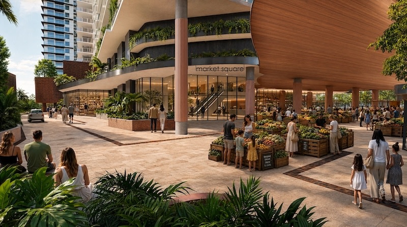 A market hall and outdoor dining area planned for Montague Road as part of Stockwell’s broader South Brisbane precinct.
