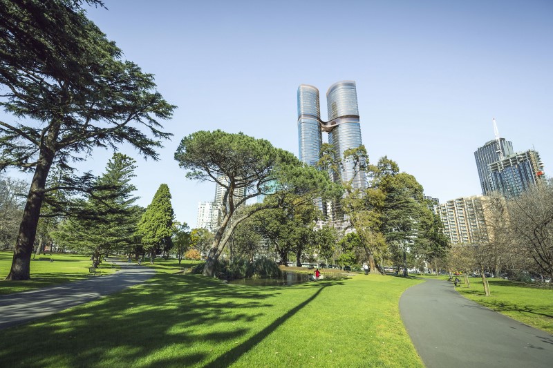 Malaysian owned SP Setia's twin tower project, Sapphire by the Gardens and Shangri-La, overlooking the Carlton Gardens at 308 Exhibition Street in Melbourne. Source: SP Setia