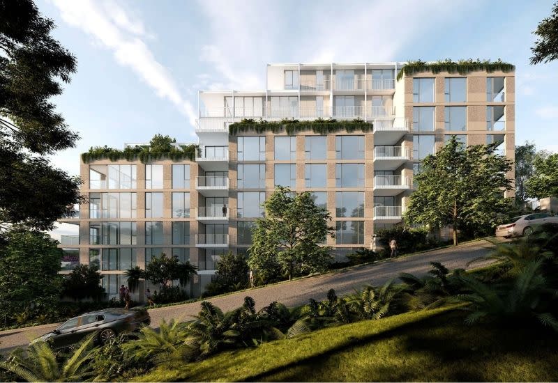 A rendering of Lantona’s approved 55-apartment project at Taringa, designed by Rothelowman, Carr and Form Landscape Architects.