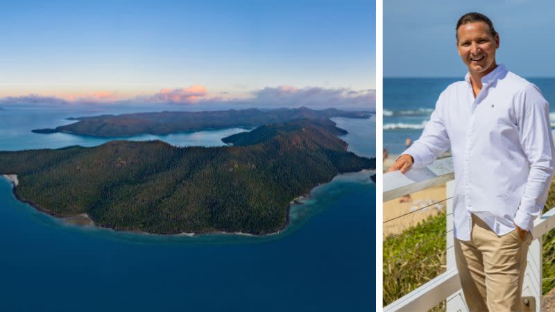 a man in summer business attire superimposed on the image of hook island 