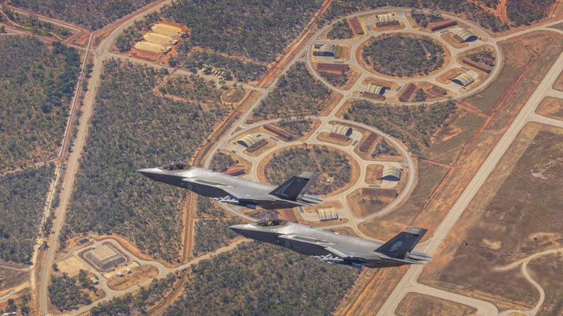 Two F35As fly over RAAF Tindall in the Northern Territory.