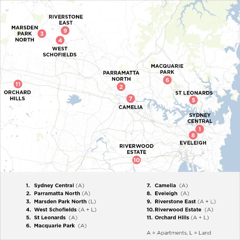 Map of Sydney suburbs priortised for rezoning.