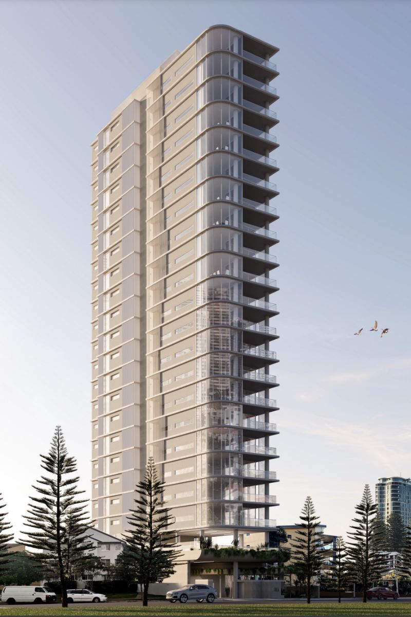 Render of the 22-storey residential tower proposed for 158 Surf Parade, Broadbeach. 