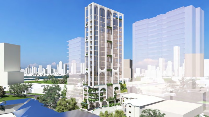 A rendering of the Chevron Island proposal comprising a stack of 13 luxury apartments on a narrow 506sq m block.
