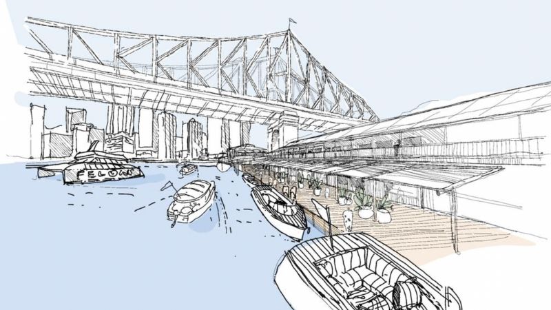 Artist's impression of the plans to establish a city-first “river tourism gateway” at Howard Smith Wharves...
