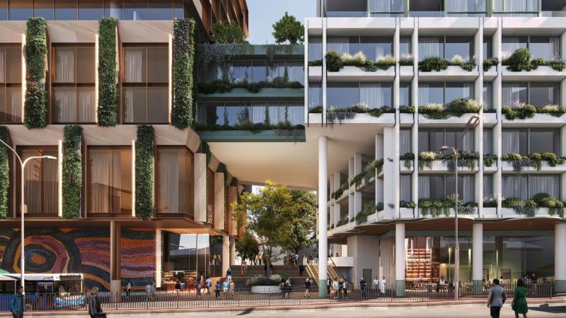 The podium of Urban Property Group's build to rent and office tower in Parramatta there is a bridge between two towers with a through site link.