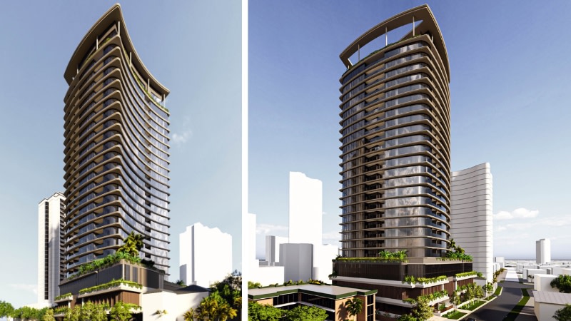 Renderings of the greenlit 32-storey Budds Beach tower scheme designed by architecture studio DBI.