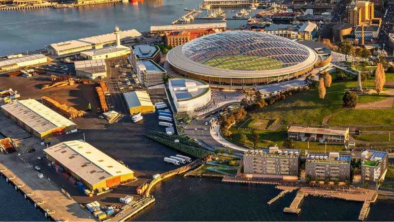 A rendering of the stadium planned for the site on Hobart’s historic waterfront precinct.