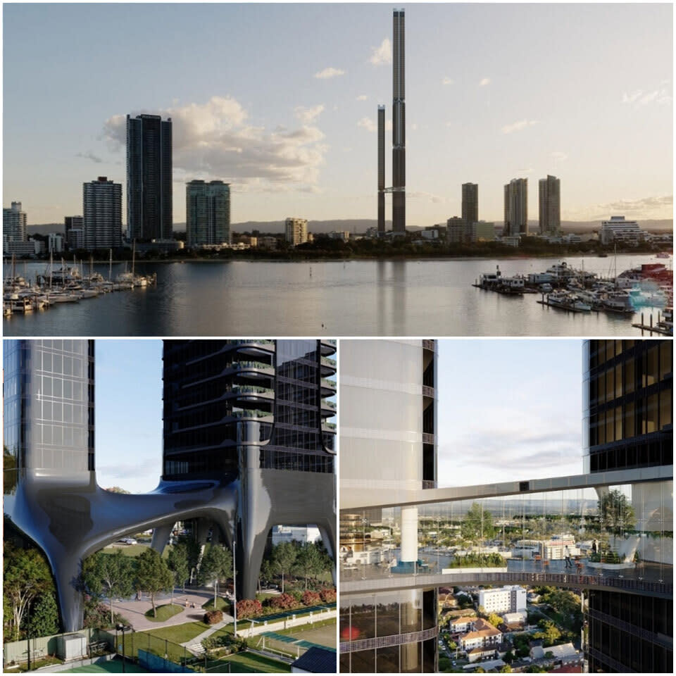 Renders of the ambitious proposal for a landmark $400 million “vertical neighbourhood” comprising two supertowers—a 100-storey apartment building and a 60-storey office building—at Southport.