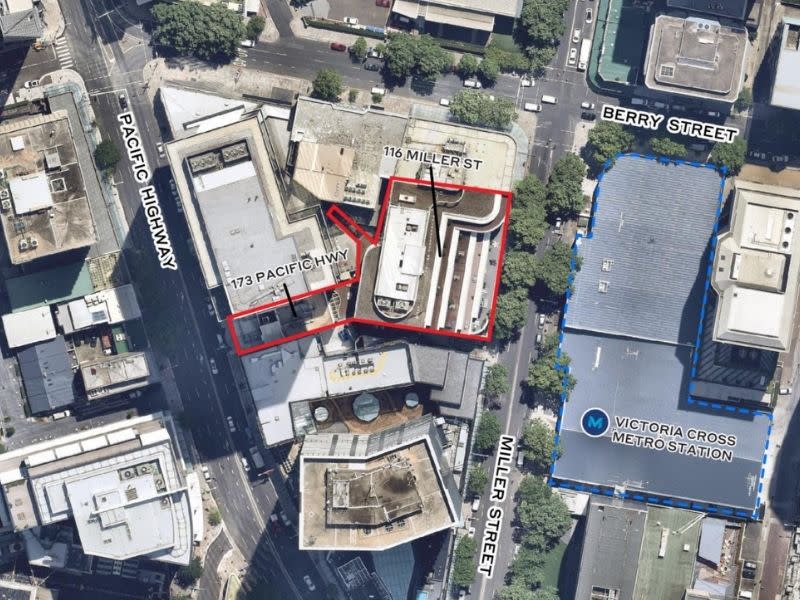 Aerial image of the unusually shaped 2305sq m site at 173 Pacific Highway and 116 Miller Street, opposite Victoria Cross Metro in North Sydney CBD.