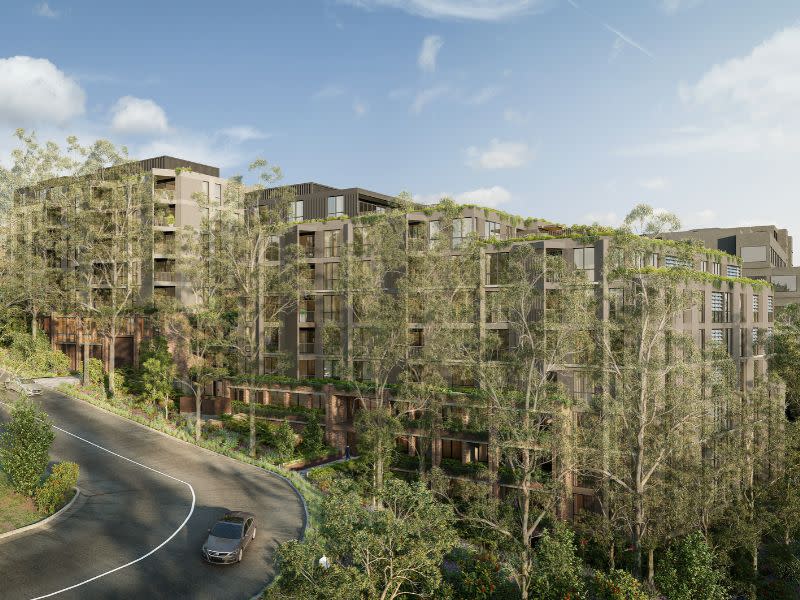 Render showing the two building's massing stepping down with the fall of the site, partially obscured by trees, from Wongala Crescent.