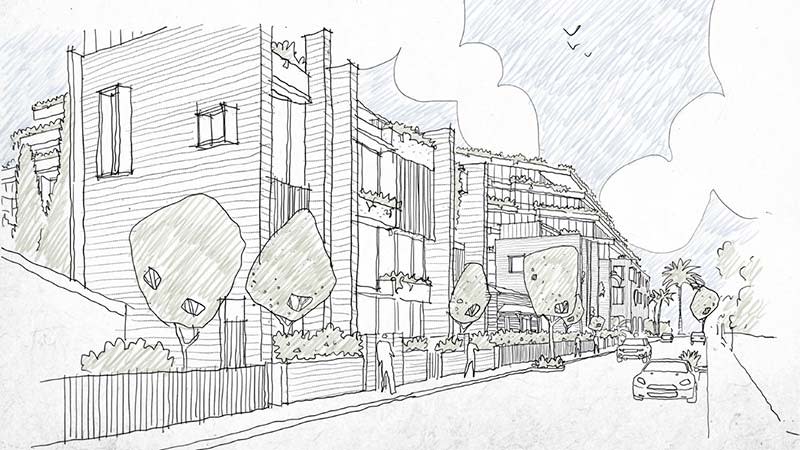 A sketch of the new hotel accommodation buildings in a residential format beside two existing heritage cottages along Havelock Street, St Kilda.