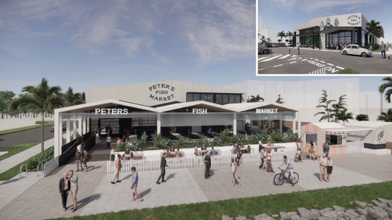 render of peters fish market showing a large open air restaurant operating out of a shed-like building.