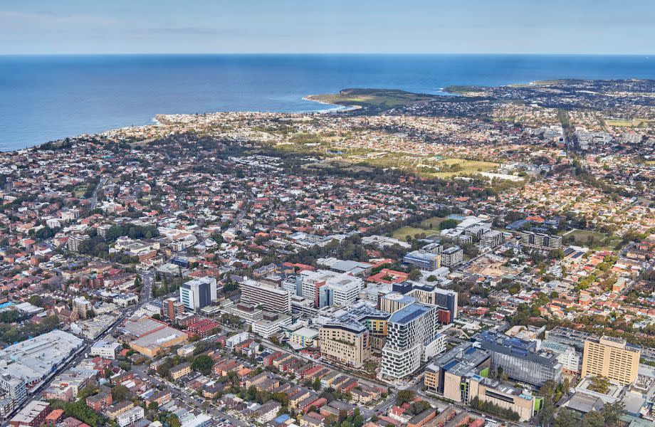 Aerial view of Sydney’s eastern suburbs with the Randwick health and education precinct, including the new Sydney Children’s Hospital development.