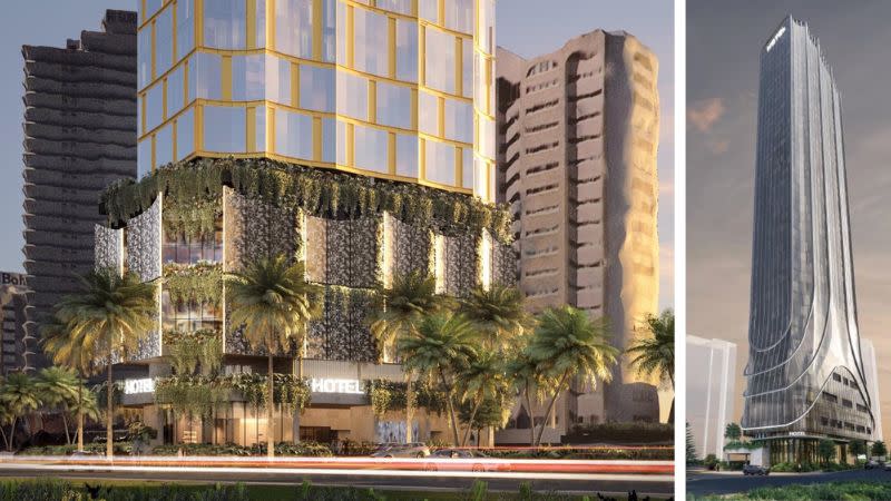 A rendering of the Cottee Parker Architects-designed tower and one of the previous design.