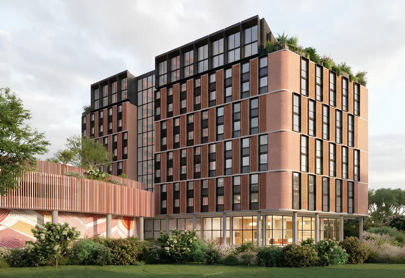Cox Architecture’s rendering of Building C, the proposed 12-storey co-living building with 266 rooms.