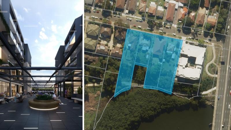 Two images side by side, one of the common area of the new generation student accommodation and boarding house the other of the current homes on the site along the Parramatta River.
