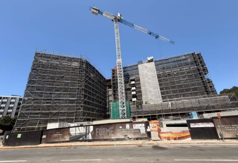 Construction underway at Holdmark’s Shepherds Bay mixed-use development in Ryde, where plans propose lifting the residential tower from 10 to 14 storeys.