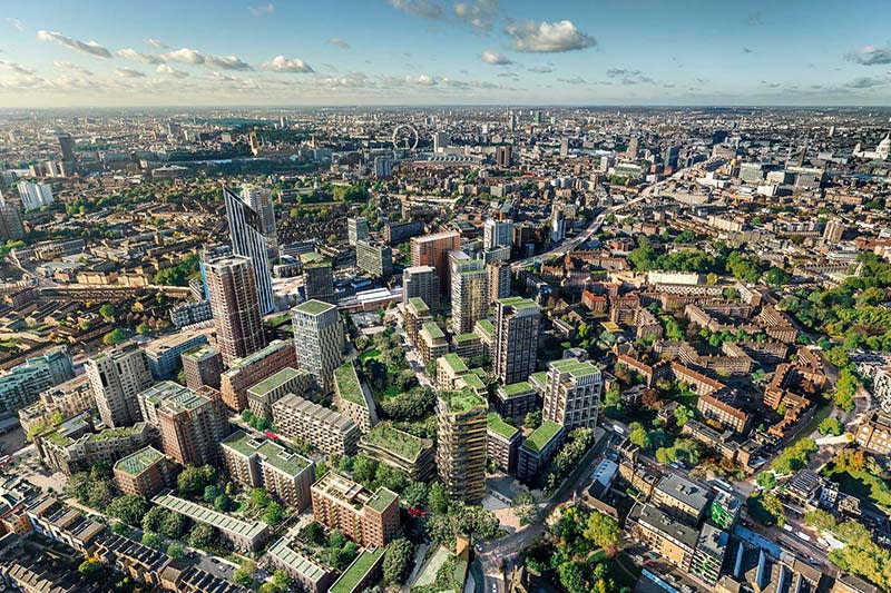 Aerial shot of Elephant Park in London