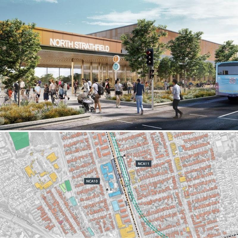 Two images of the proposed North Strathfield station and an aerial of the area which is predominantly low density residential. 