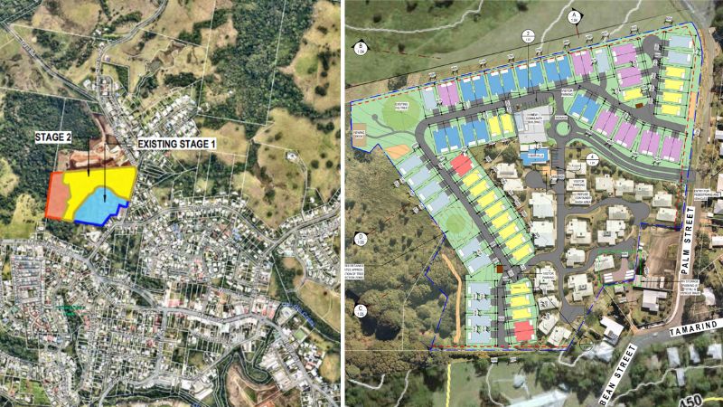 two aerial images showing a future retirement village in Maleny Grove and how close it is to the centre of town.