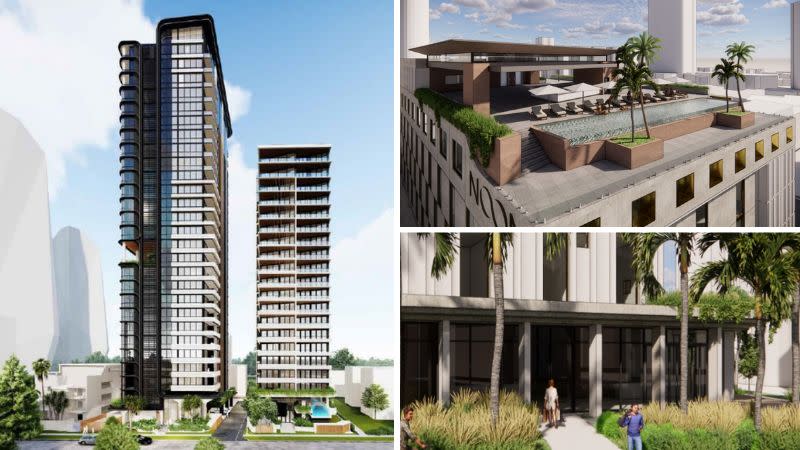 Renders of the previously approved residential towers (left) and the new six-storey hostel proposal with a rooftop entertainment terrace.