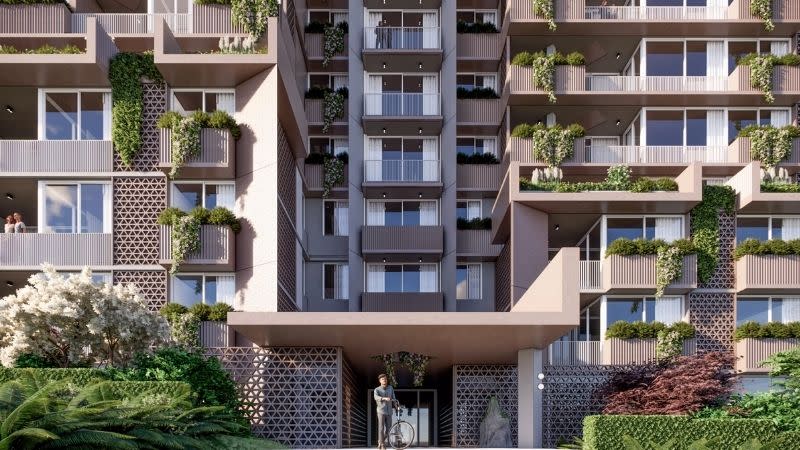 The Gordon proposal’s lower levels, with the two apartment buildings separated by a central landscaped entry.