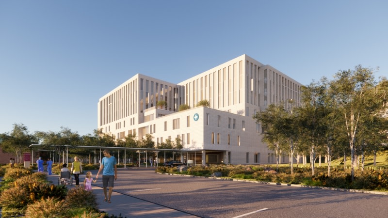 another angle of the future Albury Wodonga Regional Hospital a white modern facility.