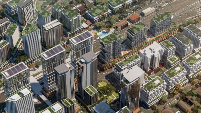 TOD Accelerated rezoning Hornsby render showing the future of the suburb in Sydney with tall towers around the station and increased landscaping.