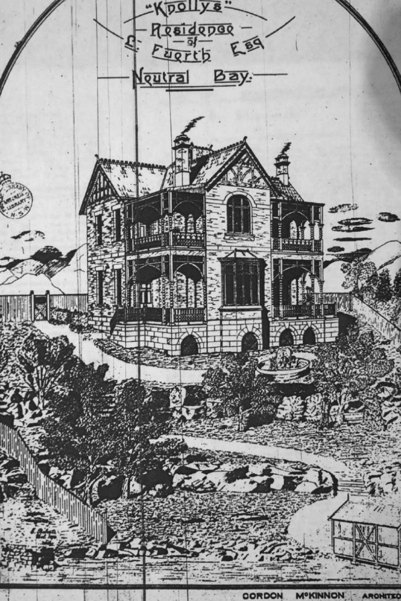 The architect’s 1894 perspective sketch of Knollys, the Kurraba Point house proposed for demolition under Rahnch Constructions’ four-apartment plan.