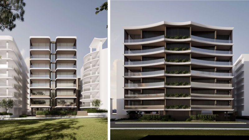 Renderings of the dual-tower Redcliffe proposal at 39 Marine Parade (left) and 28 Sutton Street.