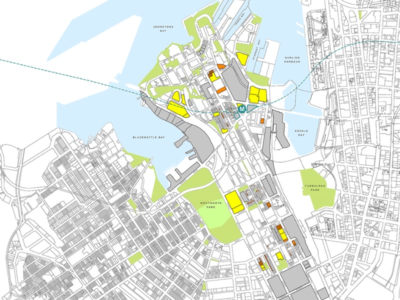 map of ultimo and pyrmont in Sydney CBD highlighting different parcels of land under review.