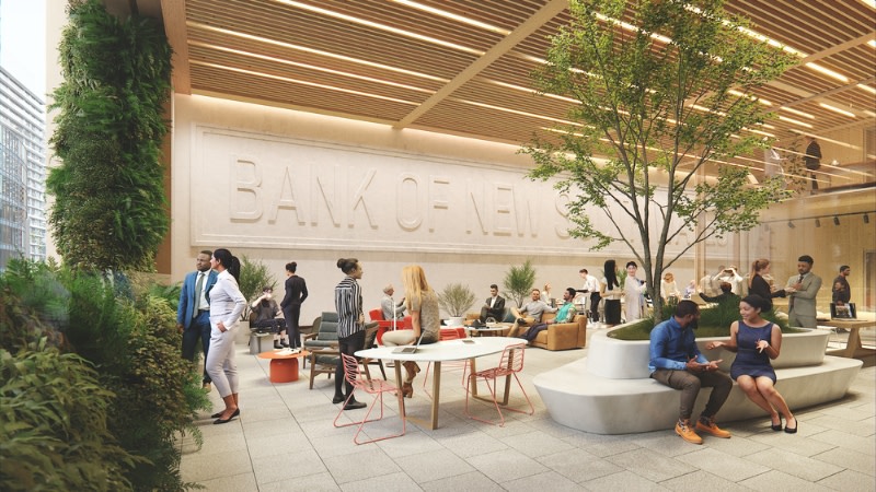 The Bank of New South Wales signage can be seen in the terrace level of a future timber building in sydney cbd