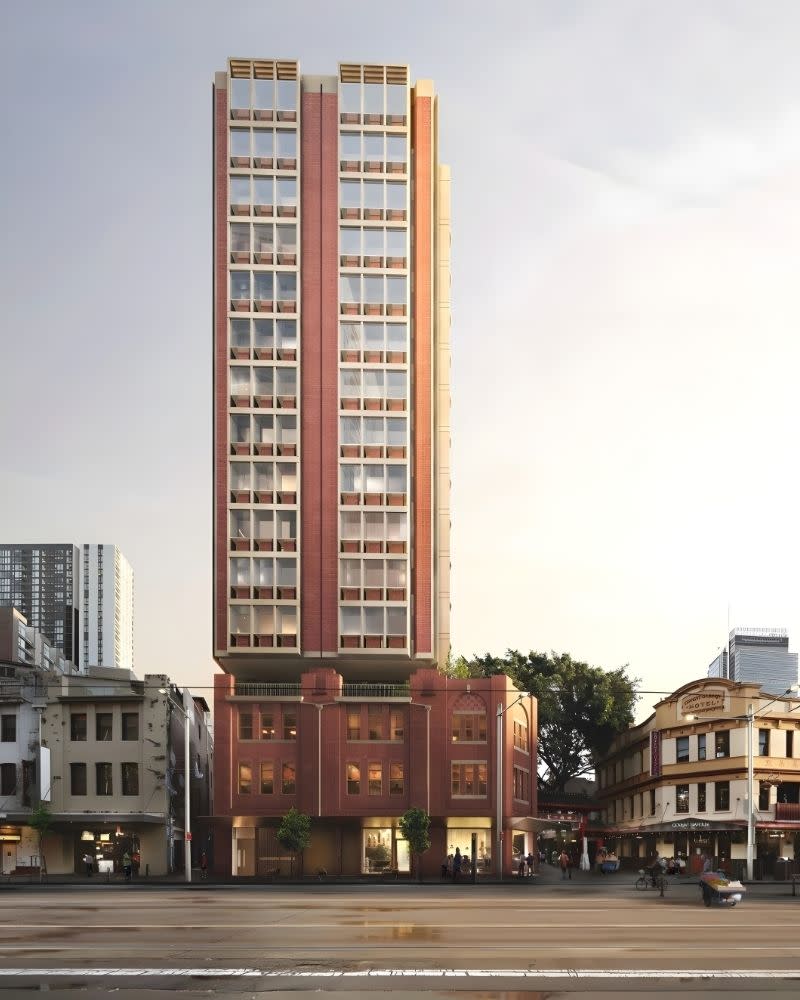 A Candalepas Associates rendering of proposed 16-storey tower at 96-100 Hay Street, with the Hay and Dixon Street facades retained at the base.