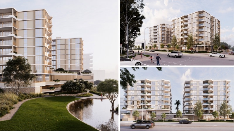 Renderings of the Rogerscorp midrise twin tower proposal for 75-77 Laver Driver, Robina.